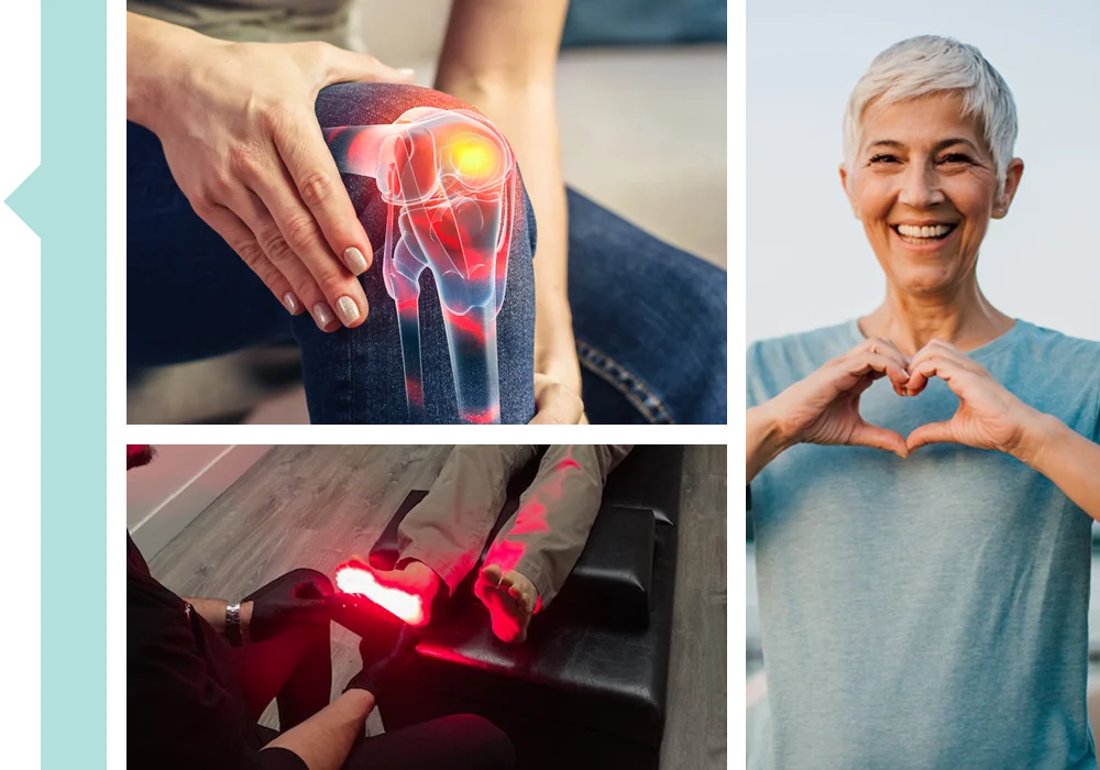 A collage of photos featuring a patient in laser treatment, knee pain, and a woman holding up her hands in a heart